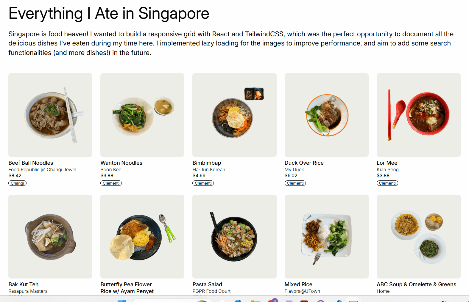 Responsive grid layout with dishes found in Singapore.